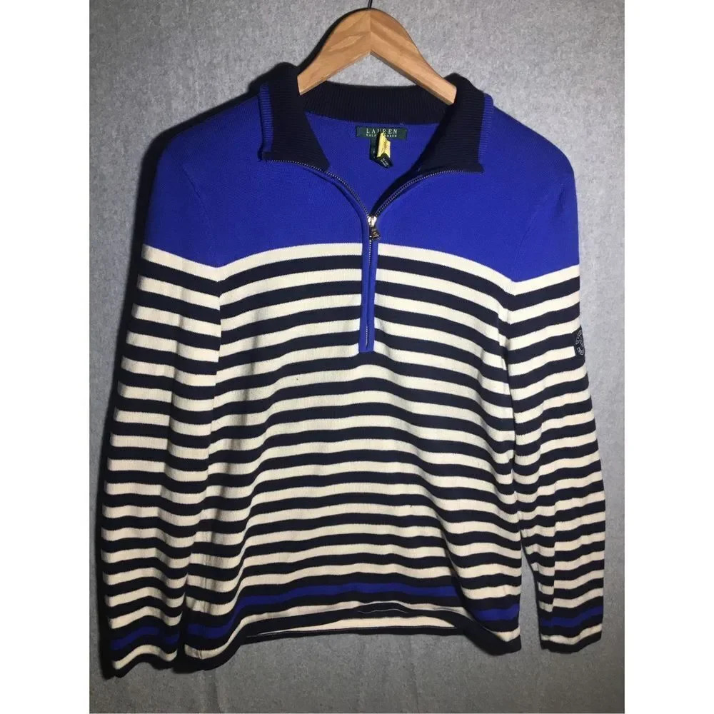 Mens Lauren Ralph Lauren Quarter Zip Sweater Striped Blue Vintage Country Club